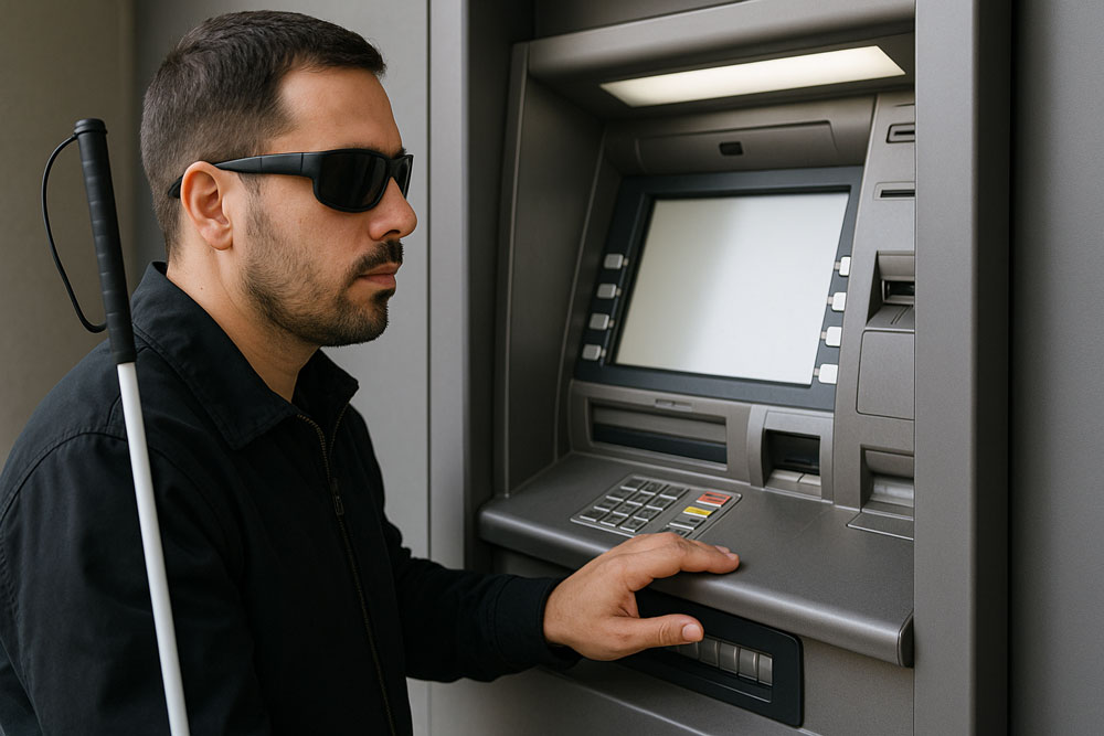persona ciega usando un cajero automático