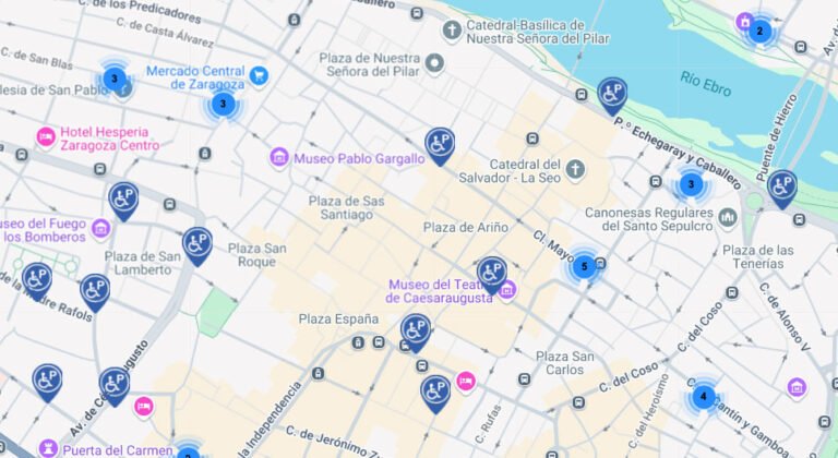 Plano de Zaragoza con ubicaciones de plazas reservadas