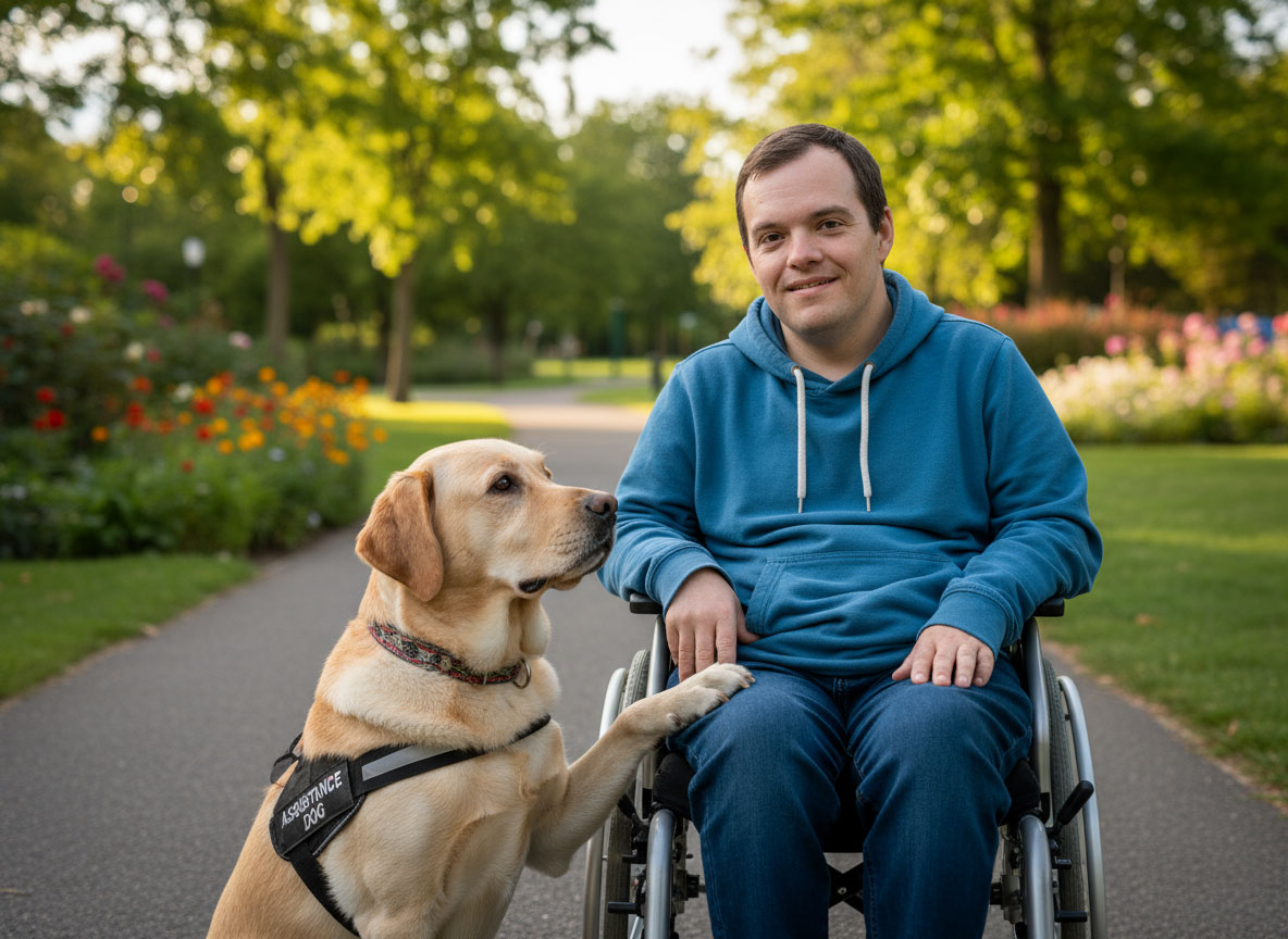 persona con discapacidad en silla de ruedas con perro de asistencia
