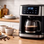 Electrodoméstico de cocina con manejo totalmente digital, una cafetera con pantalla táctil encendida, situada sobre una encimera de madera en un entorno de hogar. En la pantalla se muestran controles digitales y la hora, con tazas de café y alimentos alrededor.