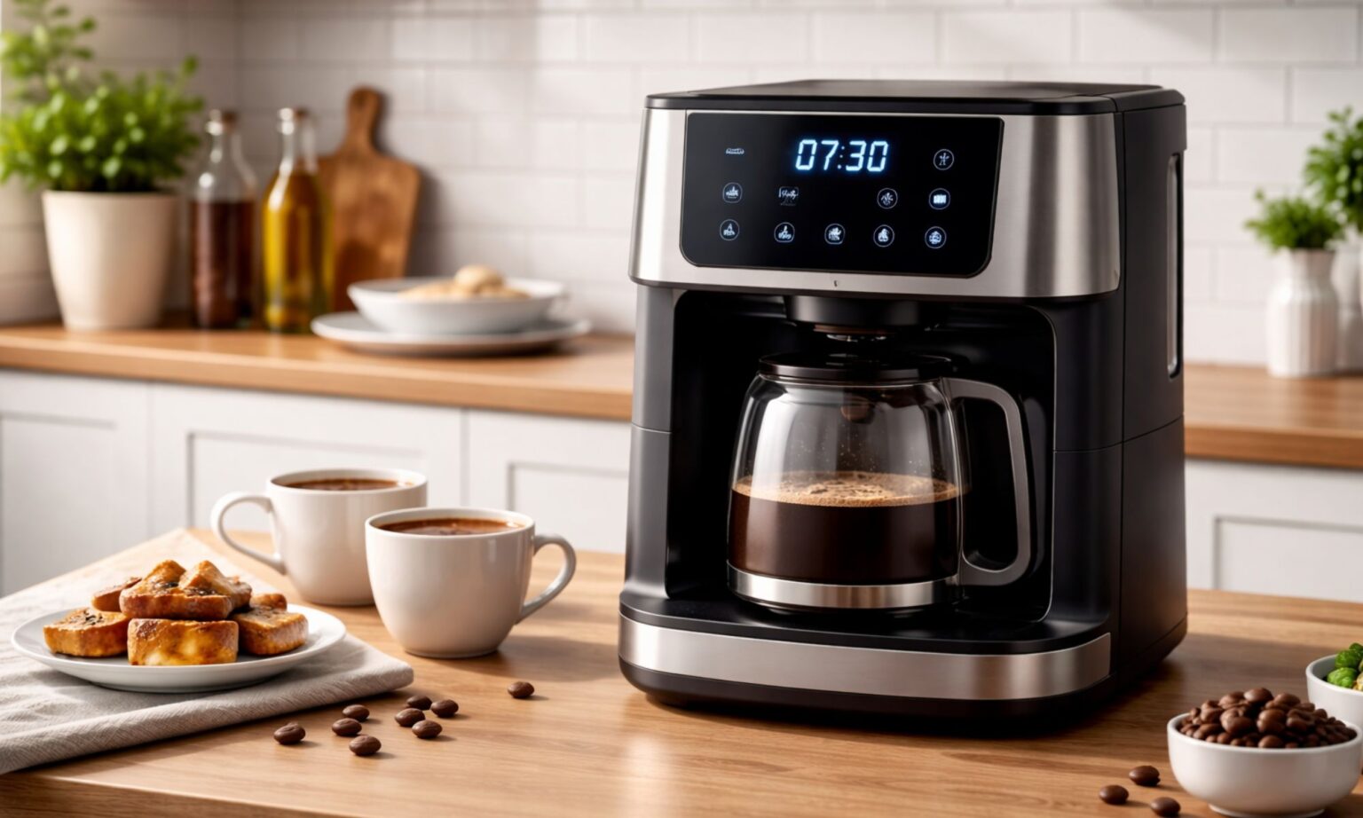 Electrodoméstico de cocina con manejo totalmente digital, una cafetera con pantalla táctil encendida, situada sobre una encimera de madera en un entorno de hogar. En la pantalla se muestran controles digitales y la hora, con tazas de café y alimentos alrededor.