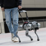 Perro robot guía acompañando a una persona ciega por la calle