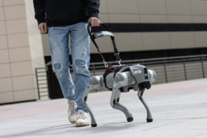 Perro robot guía acompañando a una persona ciega por la calle