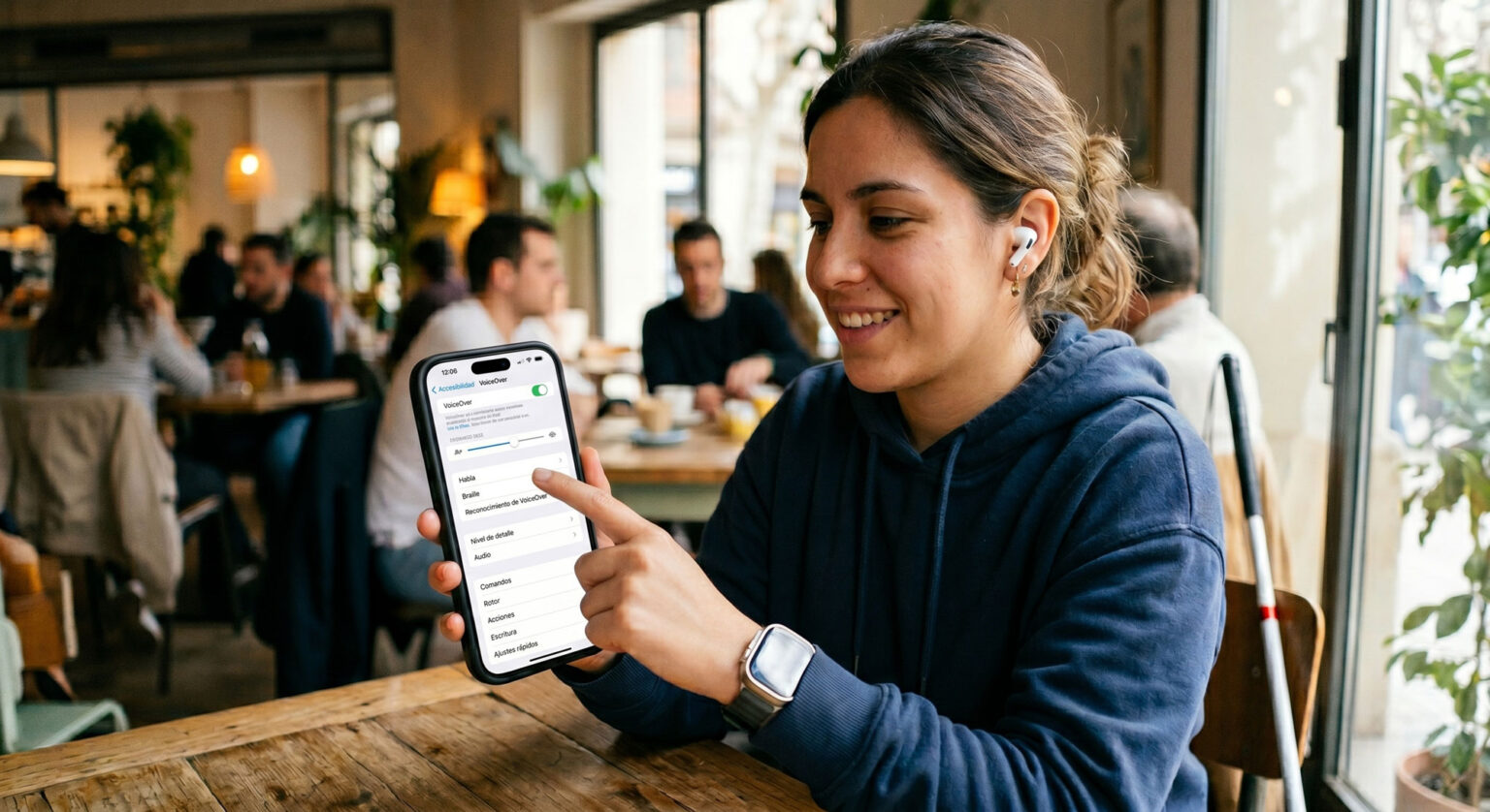Persona usando las funciones de accesibilidad de un iPhone