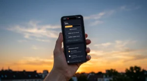 Una mano sostiene un móvil apuntando al cielo al atardecer. En la pantalla, una barra de nivel de luz.